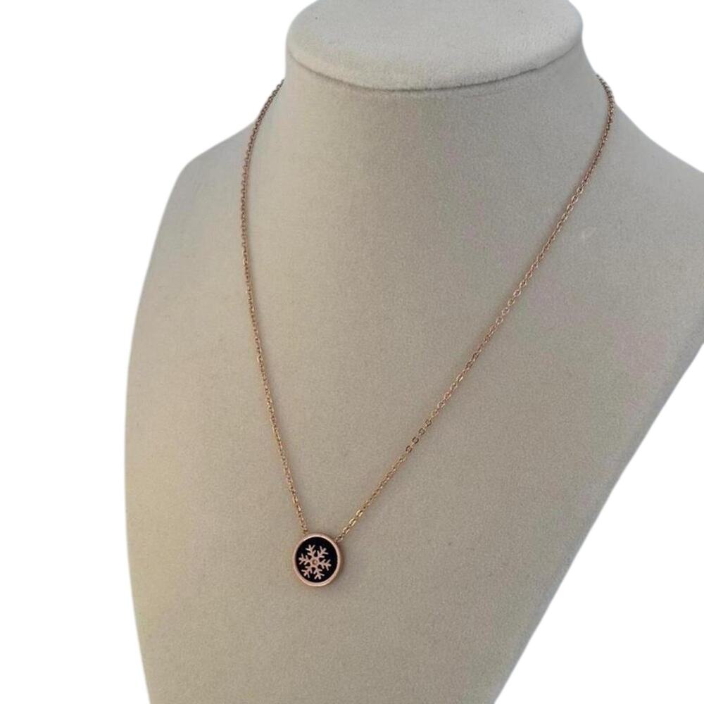 Rose Gold Snowflake Pendant Necklace Black Enamel Minimalist Women Jewelry - Picture 2 of 7
